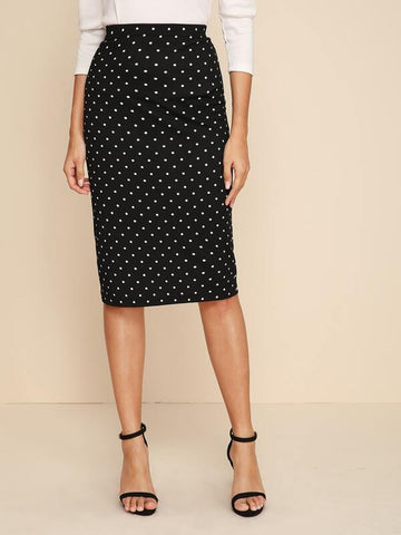 Polka-dot Print Midi Pencil Skirt - takostyle