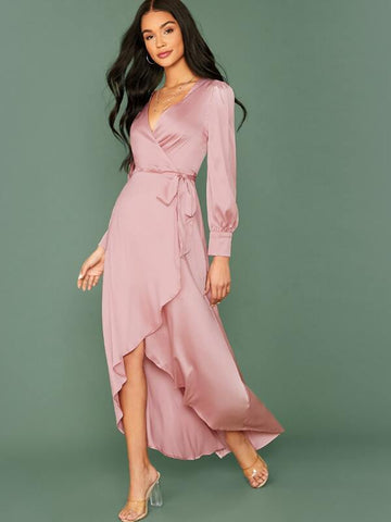 Wrap Tie Side Asymmetrical Hem Satin Dress - takostyle