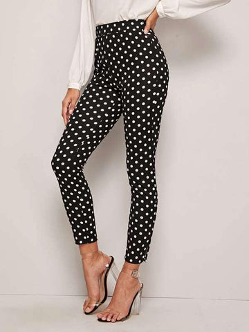 Polka Dot Split Hem Skinny Pants - takostyle