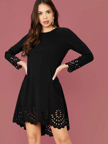 Scallop Trim Laser Cut Solid Dress - takostyle