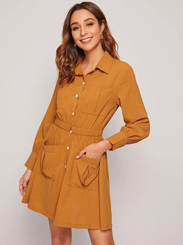Button Front Elastic Waist Shirt Dress - takostyle