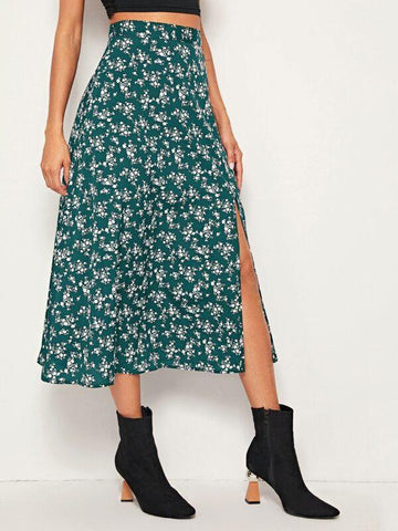 Ditsy Floral Print Wide Waistband Split Thigh Skirt - takostyle