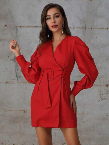 Double Crazy Bishop Sleeve Wrap Belted Dress - takostyle