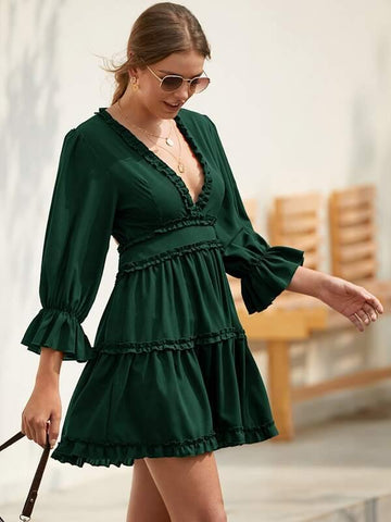 Open Back Frill Trim A-Line Dress - takostyle