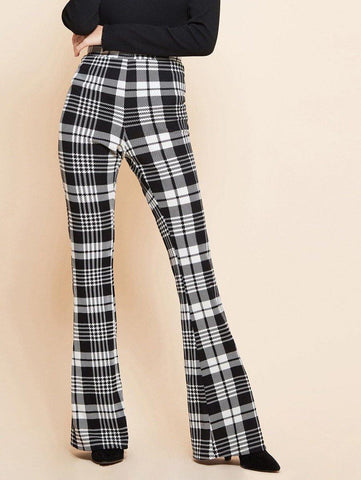 Monochrome Plaid Flare Leg Pants - takostyle