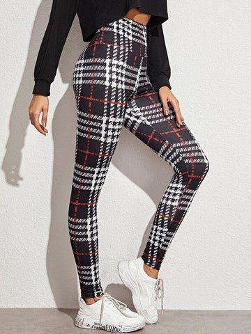Plaid Pattern Wide Band Waist Leggings - takostyle