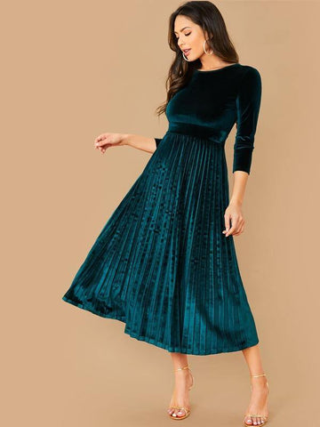 Pleated Hem Belted Velvet Dress - takostyle