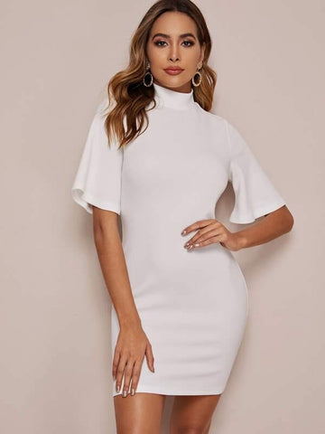 Mock-Neck Flounce Sleeve Bodycon Dress - takostyle