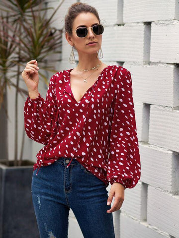 Graphic Print Lantern Sleeve Blouse - takostyle