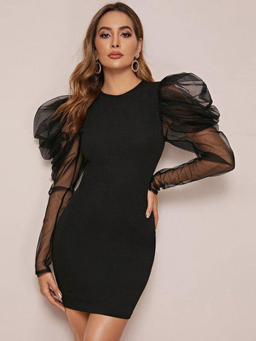 Mesh Leg-of-mutton Sleeve Bodycon Dress - takostyle