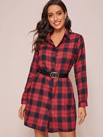 Button Through Plaid Shirt Dress - takostyle