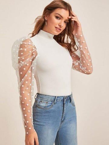 Mock-Neck Dobby Mesh Leg-of-mutton Sleeve Top - takostyle