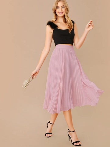 Elastic Waist Pleated Chiffon Midi Skirt - takostyle