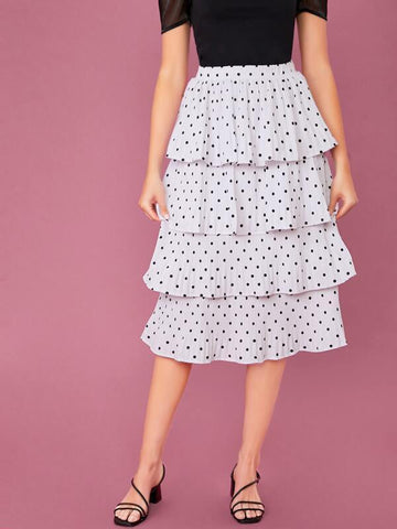 Elastic Waist Tiered Ruffle Polka Dot Midi Skirt - takostyle