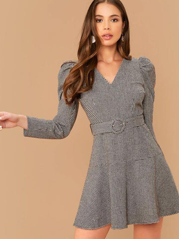 Gigot Sleeve Buckle Belted Plaid Dress - takostyle