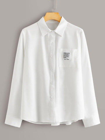 Letter Patched Pocket Button Up Blouse - takostyle