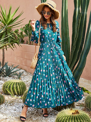 Floral Print Tie Front Ruffle Trim Pleated Dress