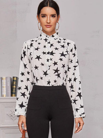 Star Print Frill Neck Blouse - takostyle