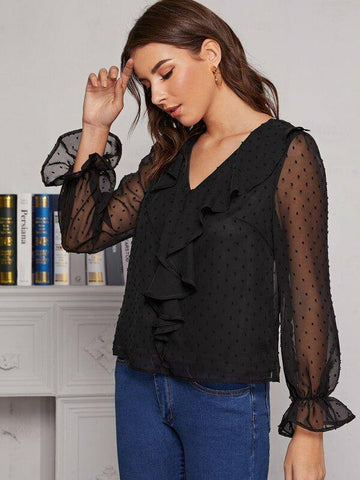 Swiss Dot V-neck Ruffle Trim Sheer Blouse - takostyle