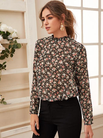 Floral Print Frill Trim Sheer Blouse - takostyle