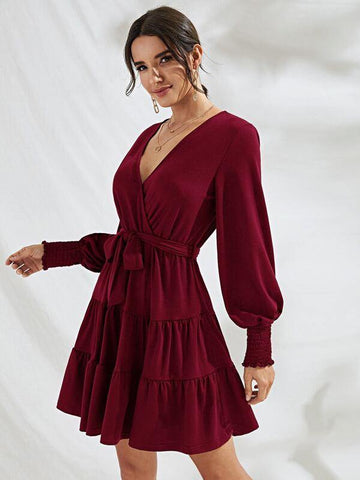 Shirred Bishop Sleeve Layered Ruffle Belt Dress - takostyle