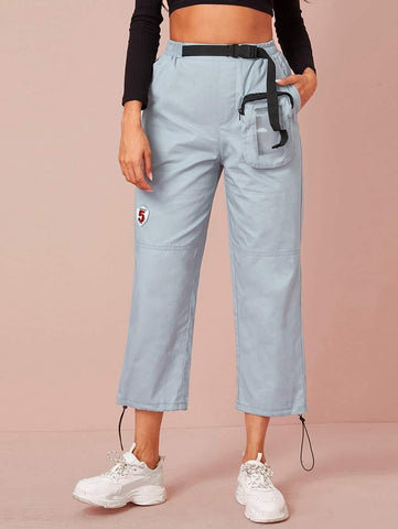 Patched Zipper Pocket Drawstring Hem Cargo Pants - takostyle
