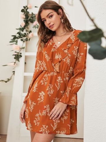 Plants Print Ruffle Trim V-neck Dress