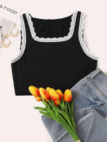 Contrast Scalloped Lace Tank Top - takostyle