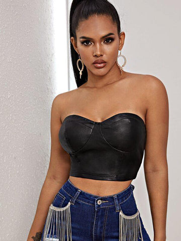 Zipper Back PU Leather Crop Bustier Tube Top - takostyle