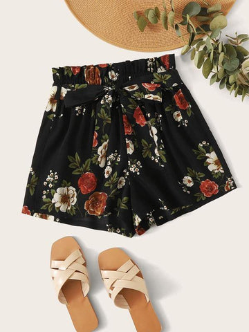 Paperbag Waist Belted Floral Shorts - takostyle