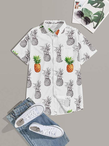 Men Allover Pineapple Print Curved Hem Shirt