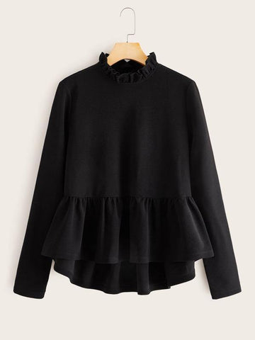 Frilled Neck Dip Hem Peplum Top - takostyle