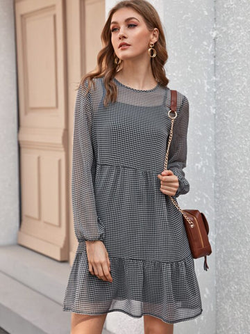 Gingham Print Ruffle Hem Sheer Dress