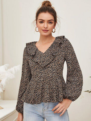 All Over Print Ruffle Trim Blouse - takostyle