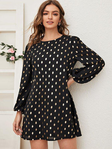 Gold Dot Print Lantern Sleeve Dress - takostyle