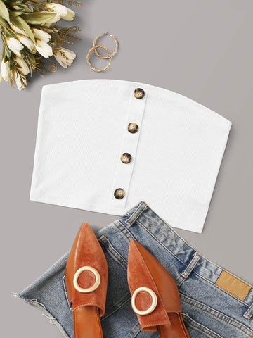 Solid Button Detail Ribbed Tube Top - takostyle