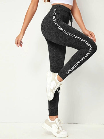 Letter Tape Side Drawstring Waist Leggings - takostyle