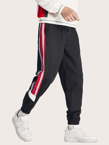 Men Contrast Panel Drawstring Waist Sweatpants