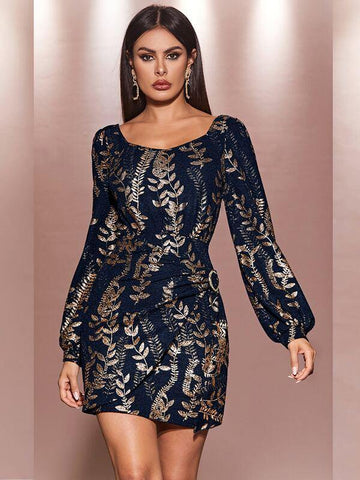 Gold Plant Print Ruched Wrap Hem Dress - takostyle