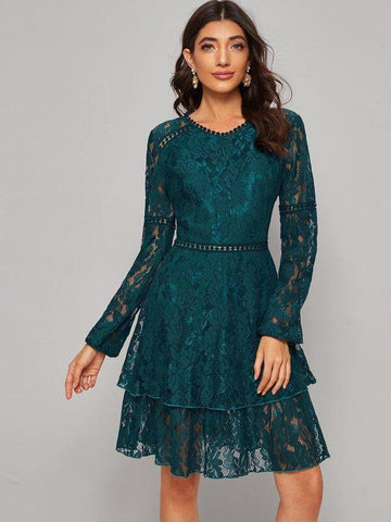 Zip Back Layered Ruffle Lace A-line Dress - takostyle