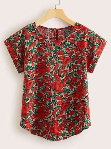 Floral Print Keyhole Back Curved Hem Blouse - takostyle