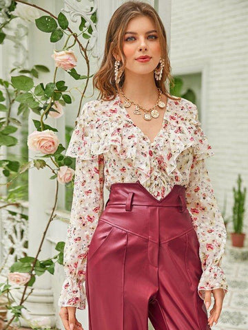 V-neck Ruffle Trim Floral Blouse - takostyle