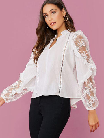 Long Sleeve Sheer Embroidered Mesh Ruffle Top - takostyle