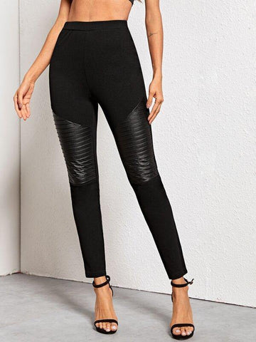 Quilted Faux Leather Panel Skinny Pants - takostyle