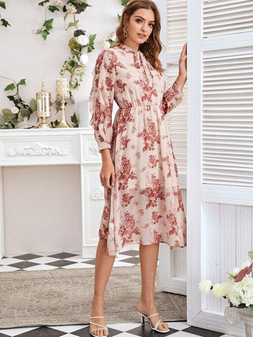 Tie Neck Floral Print Chiffon Overlay Dress - takostyle