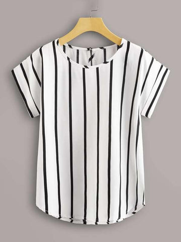 Vertical Striped Curved Hem Blouse - takostyle