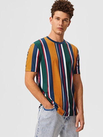 Men Short Sleeve Striped Colorblock Tee