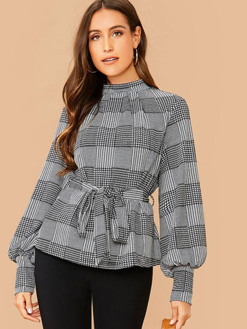 Keyhole Back Lantern Sleeve Belted Plaid Blouse - takostyle