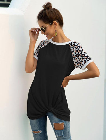Contrast Leopard Raglan Sleeve Twist Tee - takostyle