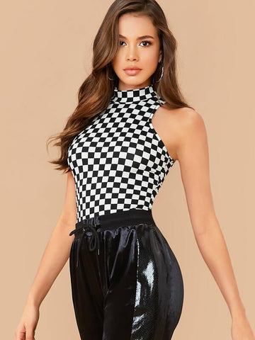 Mock-neck Checked Top - takostyle